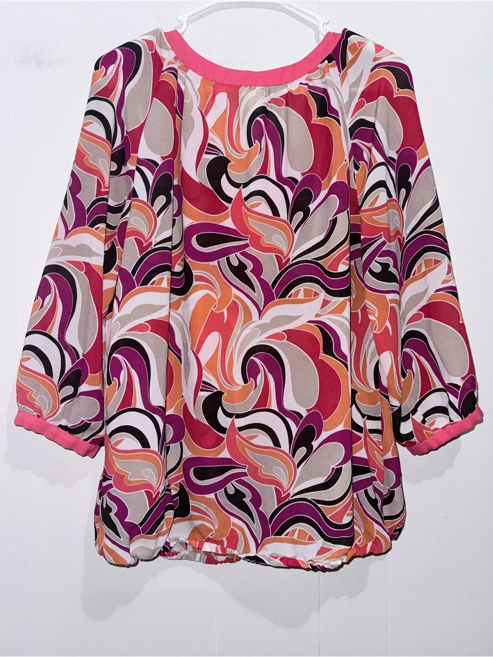 Banana Republic Retro Swirl 3/4 Sleeve Bubble Hem Henley Blouse Sz L - Picture 2 of 4